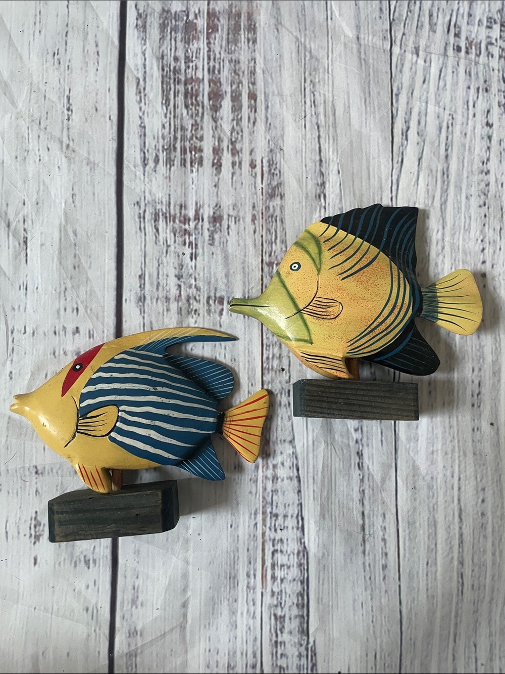 Hand-Painted Yellow & Blue Wooden Fish Figurine Pair - Nautical Accent